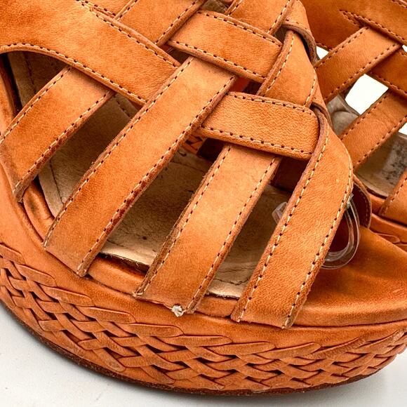 Frye Brown Leather Corrina Strappy Weave Wedge Platform Heels Size 8 - Picture 8 of 10